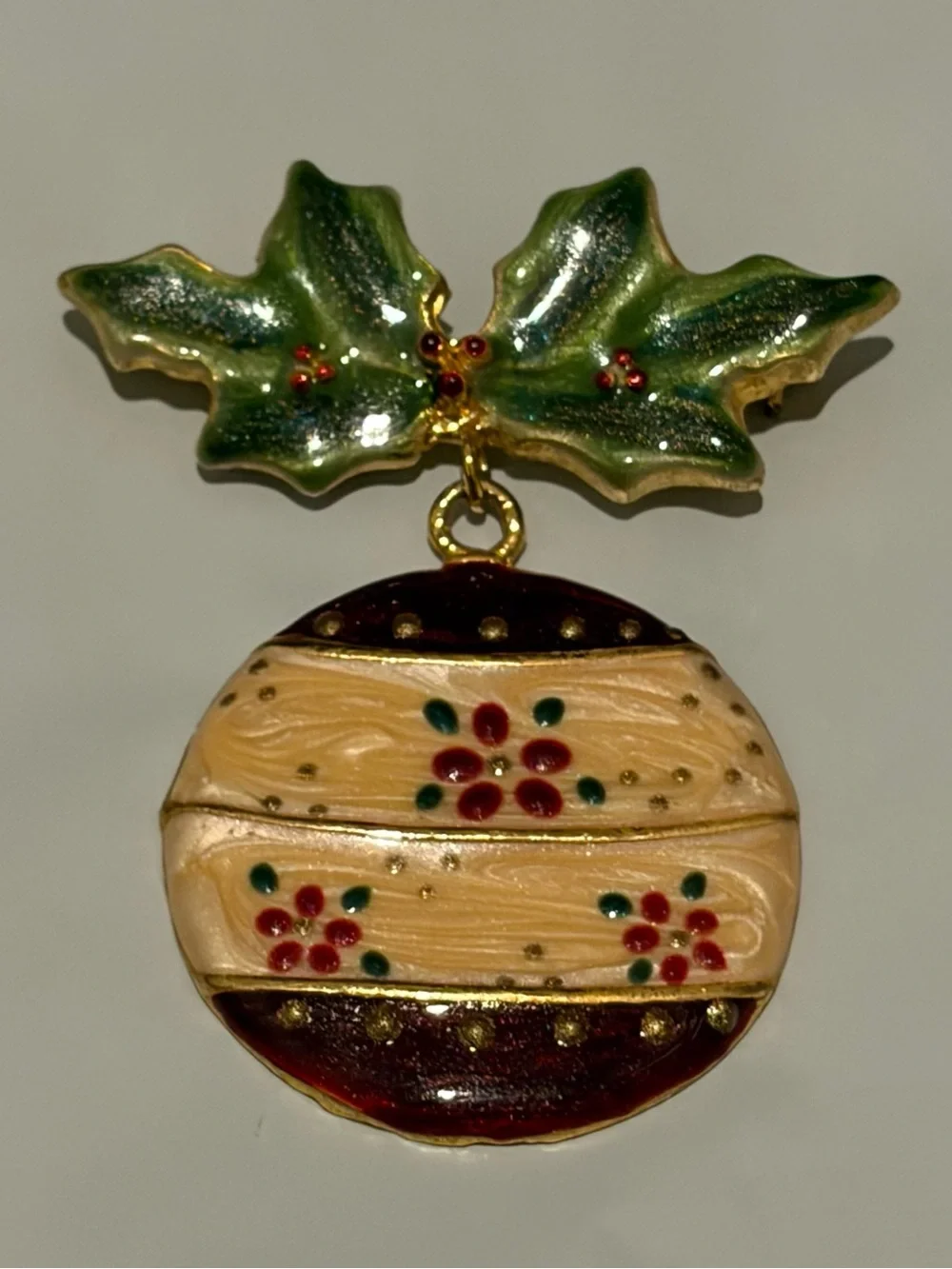 VTG Tanya Creations Brooch Dangling Ornament With Holly Sprig Enamel
